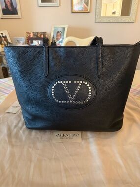 Valentino Garavani Black Pebbled Leather Studded V Tote